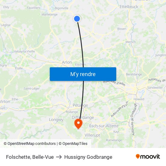 Folschette, Belle-Vue to Hussigny Godbrange map