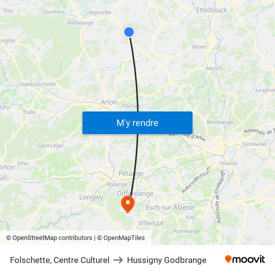 Folschette, Centre Culturel to Hussigny Godbrange map