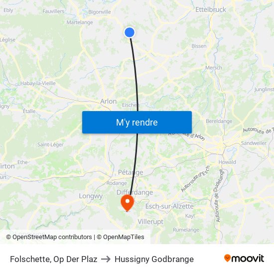 Folschette, Op Der Plaz to Hussigny Godbrange map