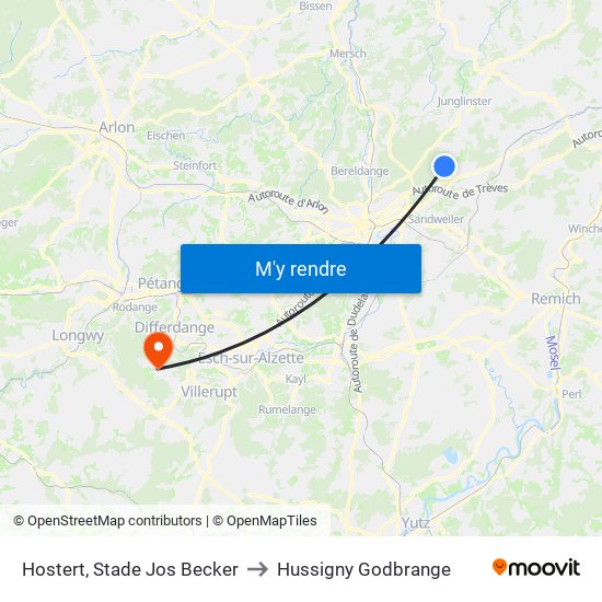 Hostert, Stade Jos Becker to Hussigny Godbrange map