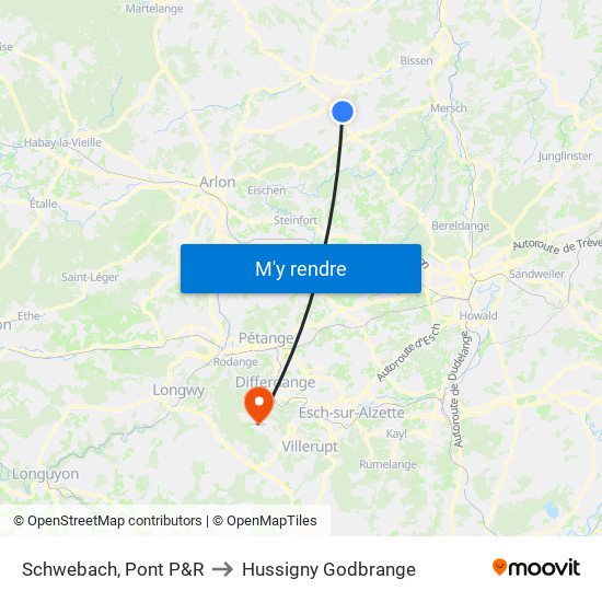 Schwebach, Pont P&R to Hussigny Godbrange map