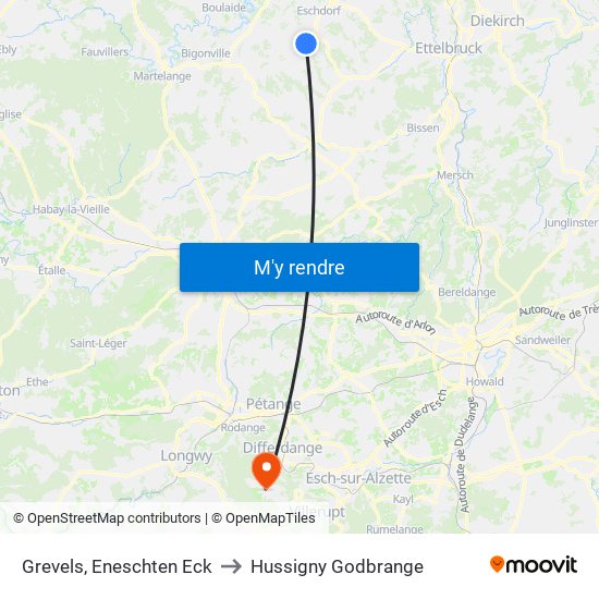 Grevels, Eneschten Eck to Hussigny Godbrange map