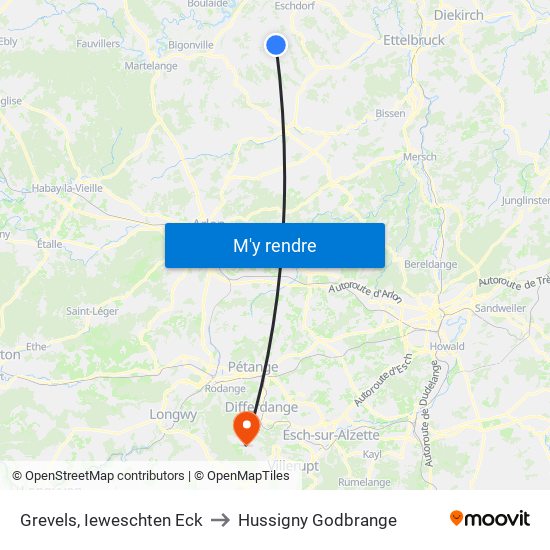 Grevels, Ieweschten Eck to Hussigny Godbrange map