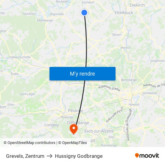 Grevels, Zentrum to Hussigny Godbrange map