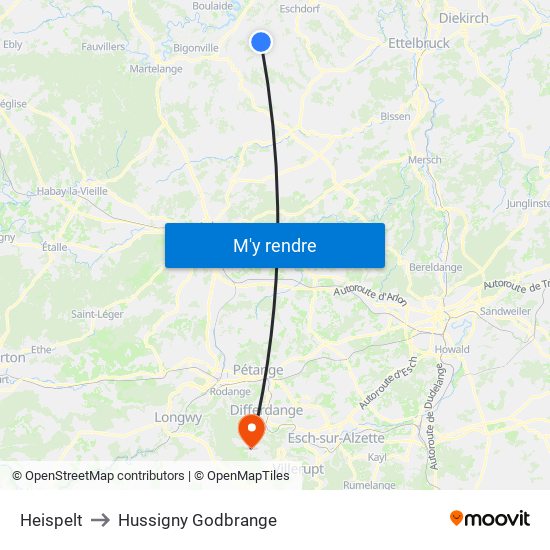 Heispelt to Hussigny Godbrange map