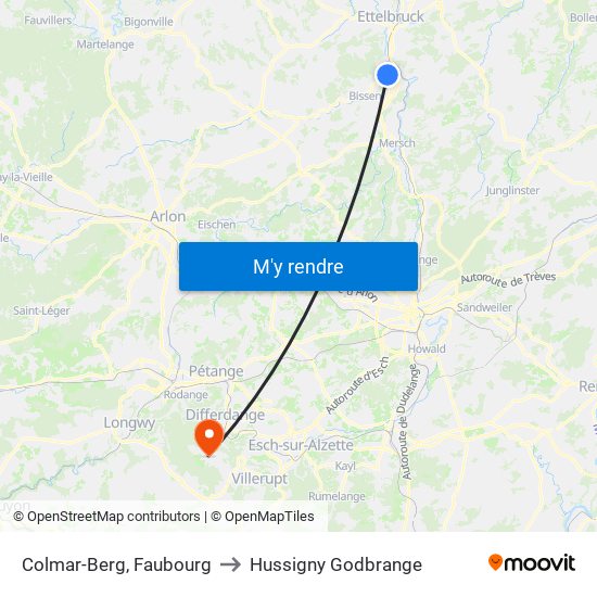 Colmar-Berg, Faubourg to Hussigny Godbrange map