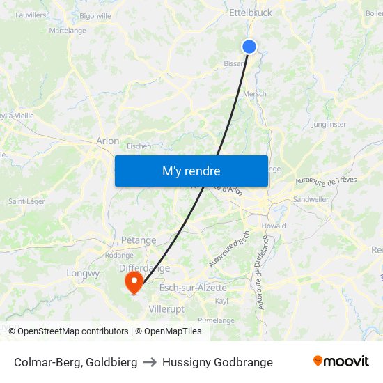 Colmar-Berg, Goldbierg to Hussigny Godbrange map