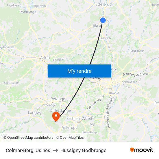 Colmar-Berg, Usines to Hussigny Godbrange map