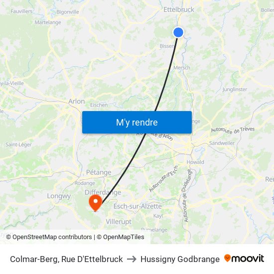 Colmar-Berg, Rue D'Ettelbruck to Hussigny Godbrange map