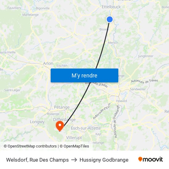 Welsdorf, Rue Des Champs to Hussigny Godbrange map