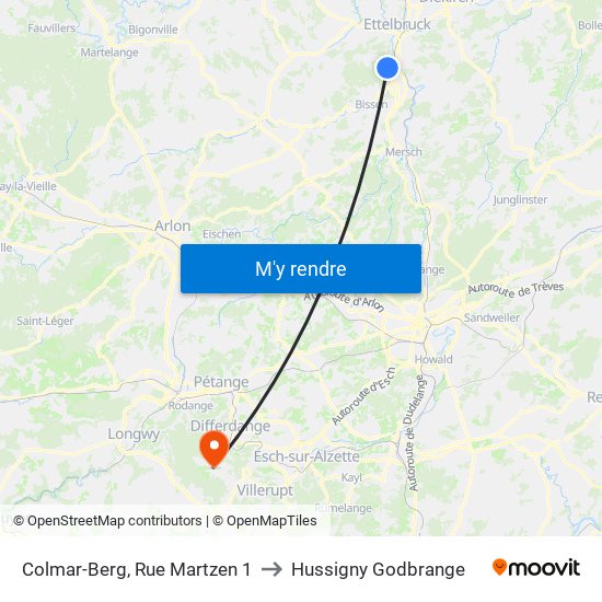 Colmar-Berg, Rue Martzen 1 to Hussigny Godbrange map