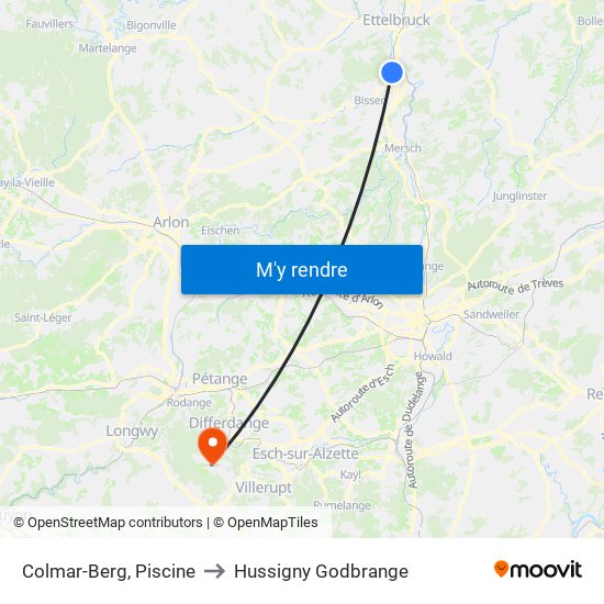 Colmar-Berg, Piscine to Hussigny Godbrange map