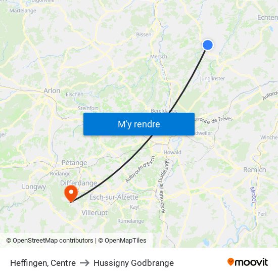 Heffingen, Centre to Hussigny Godbrange map