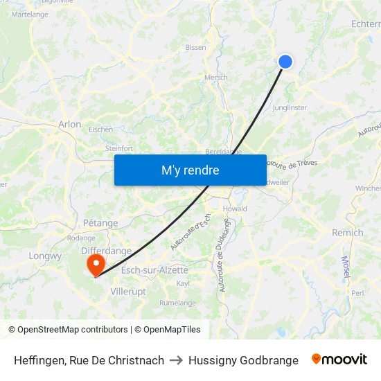Heffingen, Rue De Christnach to Hussigny Godbrange map