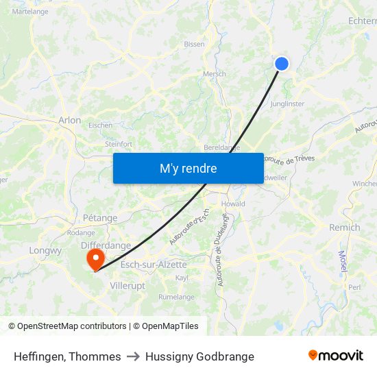Heffingen, Thommes to Hussigny Godbrange map