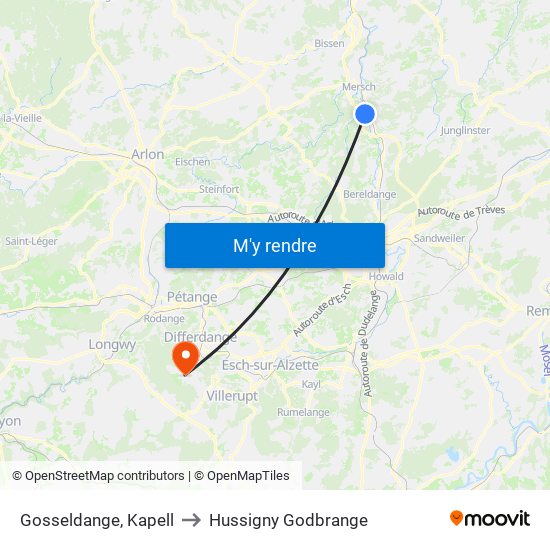 Gosseldange, Kapell to Hussigny Godbrange map