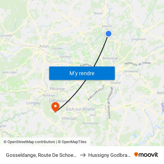 Gosseldange, Route De Schoenfels to Hussigny Godbrange map