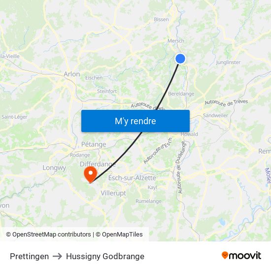 Prettingen to Hussigny Godbrange map