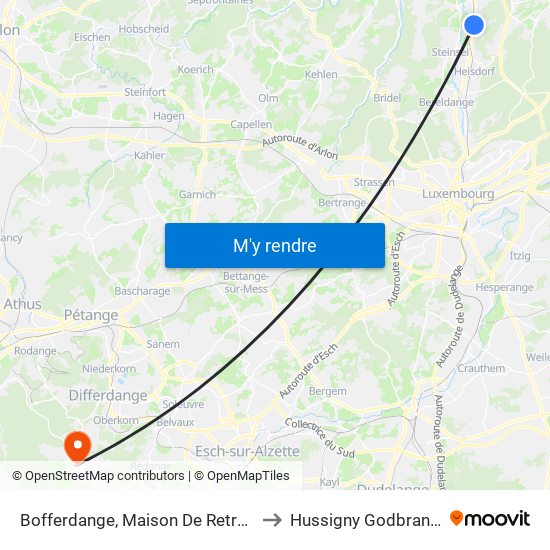 Bofferdange, Maison De Retraite to Hussigny Godbrange map