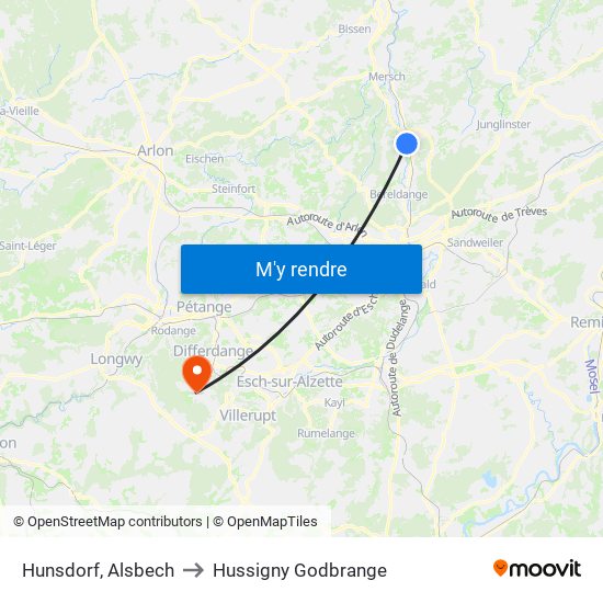 Hunsdorf, Alsbech to Hussigny Godbrange map