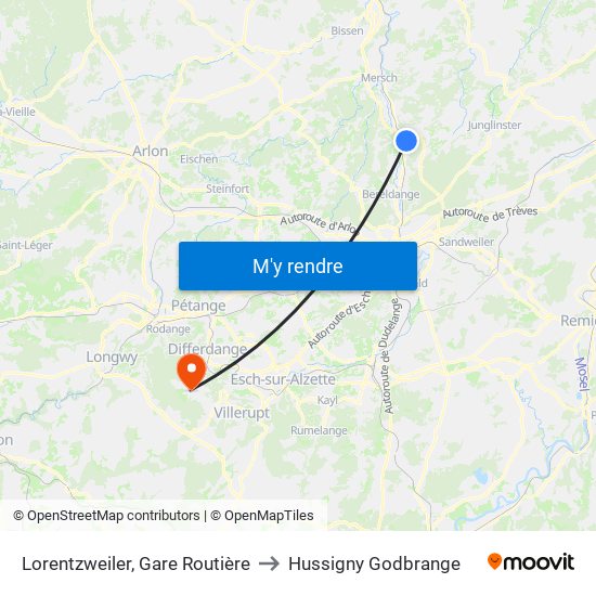 Lorentzweiler, Gare Routière to Hussigny Godbrange map