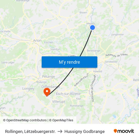 Rollingen, Lëtzebuergerstr. to Hussigny Godbrange map