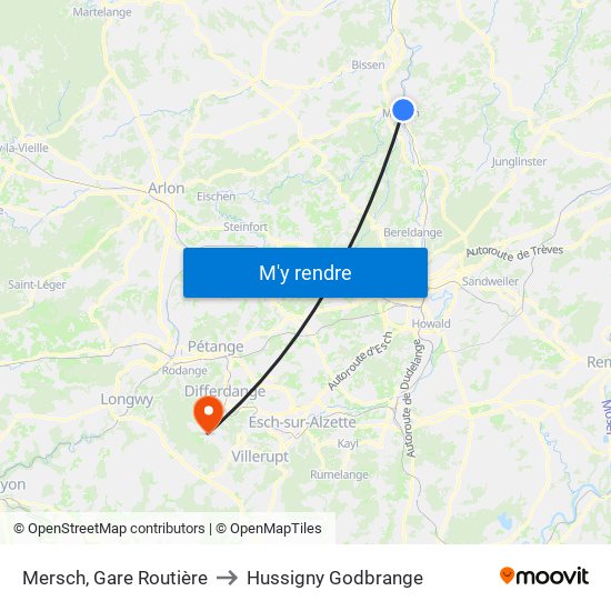 Mersch, Gare Routière to Hussigny Godbrange map