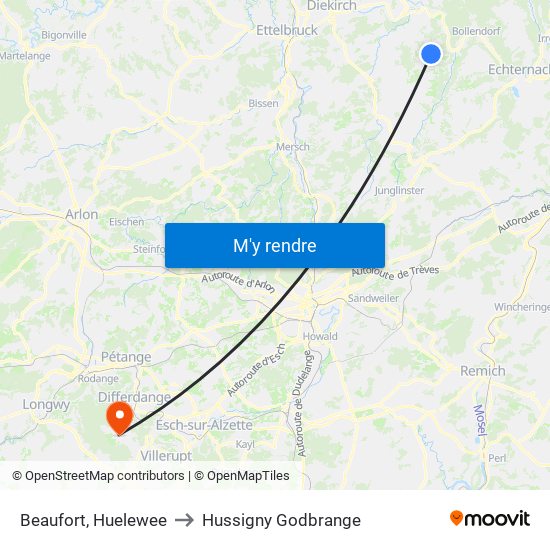 Beaufort, Huelewee to Hussigny Godbrange map