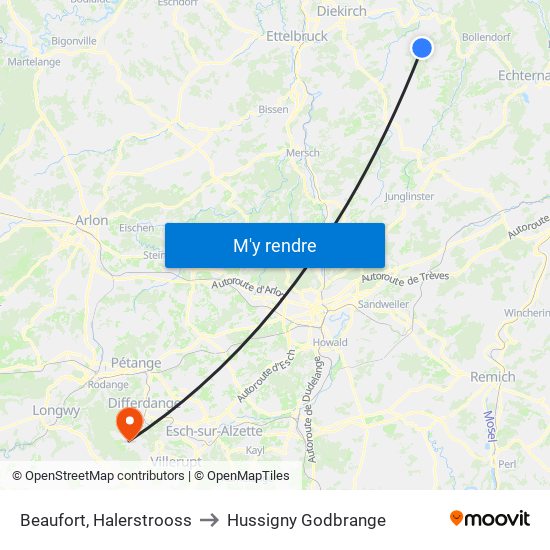Beaufort, Halerstrooss to Hussigny Godbrange map
