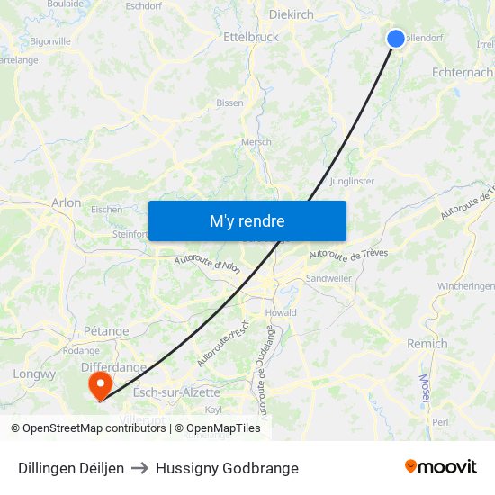 Dillingen Déiljen to Hussigny Godbrange map