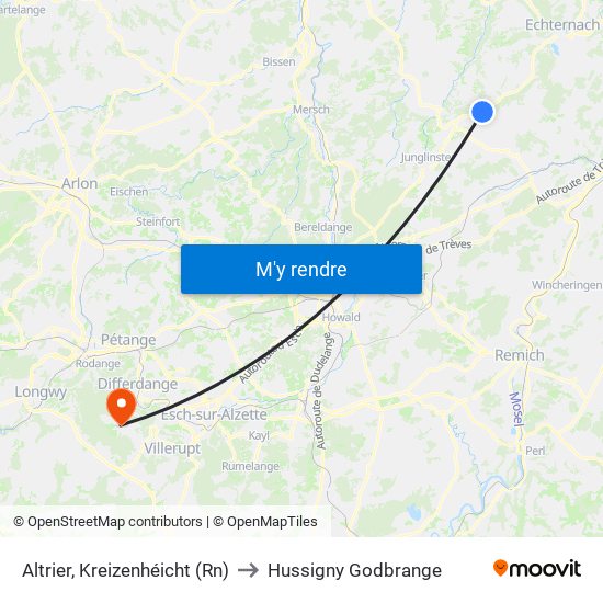 Altrier, Kreizenhéicht (Rn) to Hussigny Godbrange map