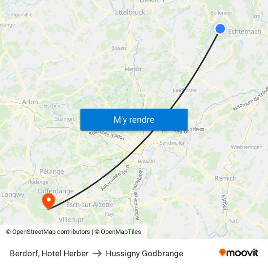 Berdorf, Hotel Herber to Hussigny Godbrange map