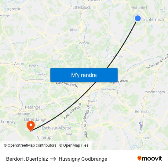 Berdorf, Duerfplaz to Hussigny Godbrange map