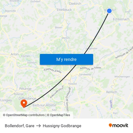 Bollendorf, Gare to Hussigny Godbrange map