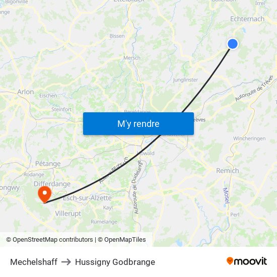 Mechelshaff to Hussigny Godbrange map