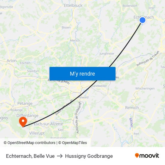 Echternach, Belle Vue to Hussigny Godbrange map