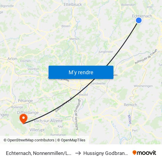 Echternach, Nonnenmillen/Lac to Hussigny Godbrange map