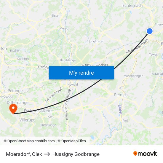 Moersdorf, Olek to Hussigny Godbrange map