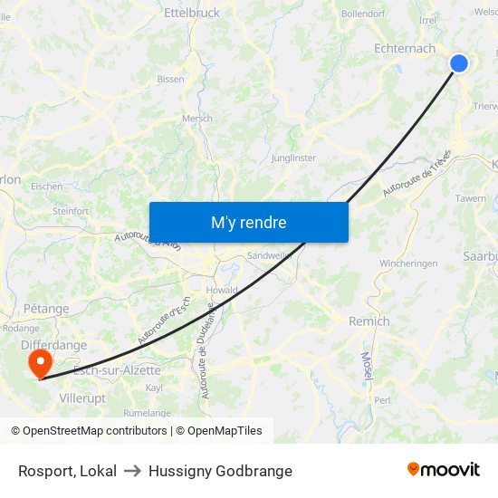 Rosport, Lokal to Hussigny Godbrange map