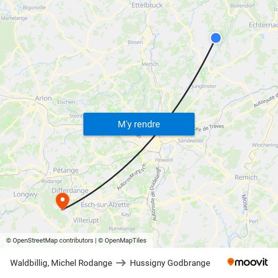 Waldbillig, Michel Rodange to Hussigny Godbrange map