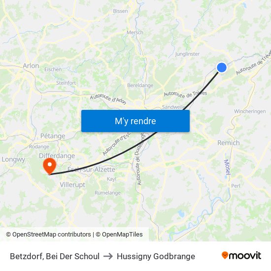 Betzdorf, Bei Der Schoul to Hussigny Godbrange map