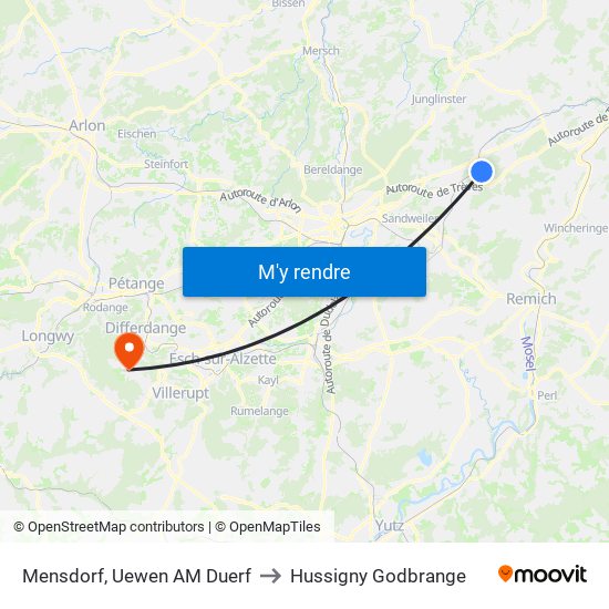 Mensdorf, Uewen AM Duerf to Hussigny Godbrange map