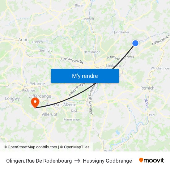 Olingen, Rue De Rodenbourg to Hussigny Godbrange map