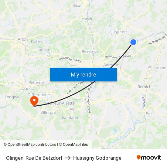 Olingen, Rue De Betzdorf to Hussigny Godbrange map