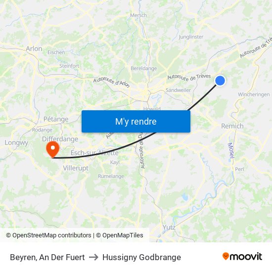 Beyren, An Der Fuert to Hussigny Godbrange map