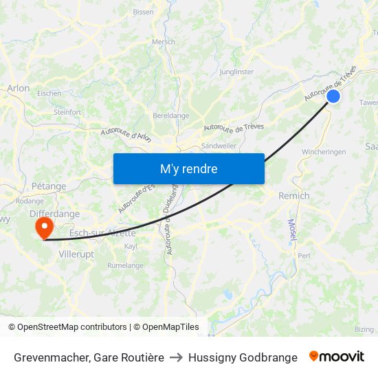 Grevenmacher, Gare Routière to Hussigny Godbrange map