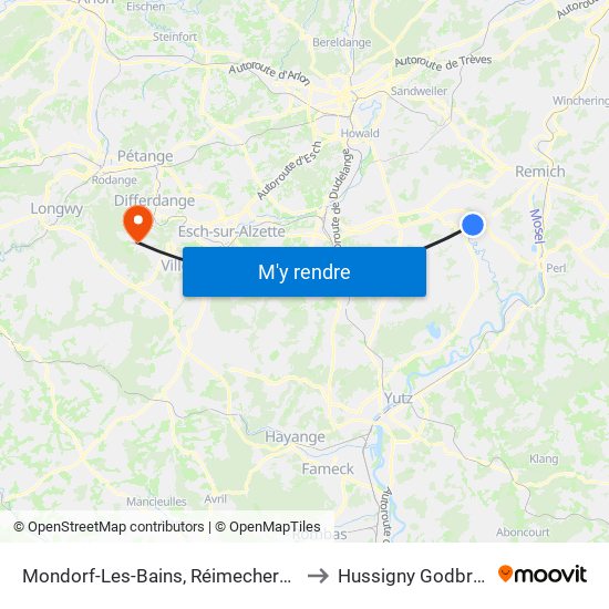 Mondorf-Les-Bains, Réimecherstrooss to Hussigny Godbrange map