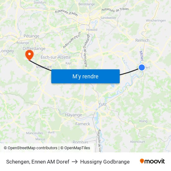 Schengen, Ennen AM Doref to Hussigny Godbrange map