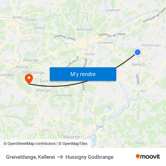 Greiveldange, Kellerei to Hussigny Godbrange map