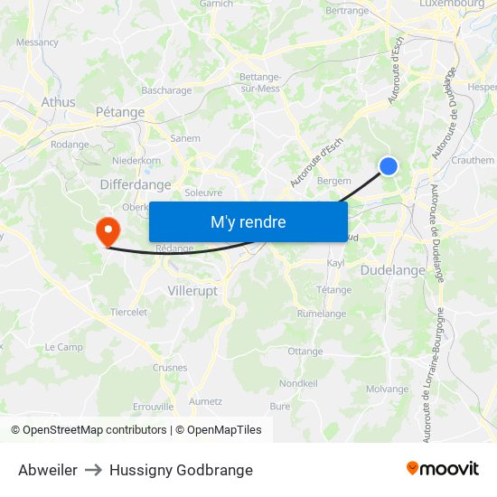 Abweiler to Hussigny Godbrange map